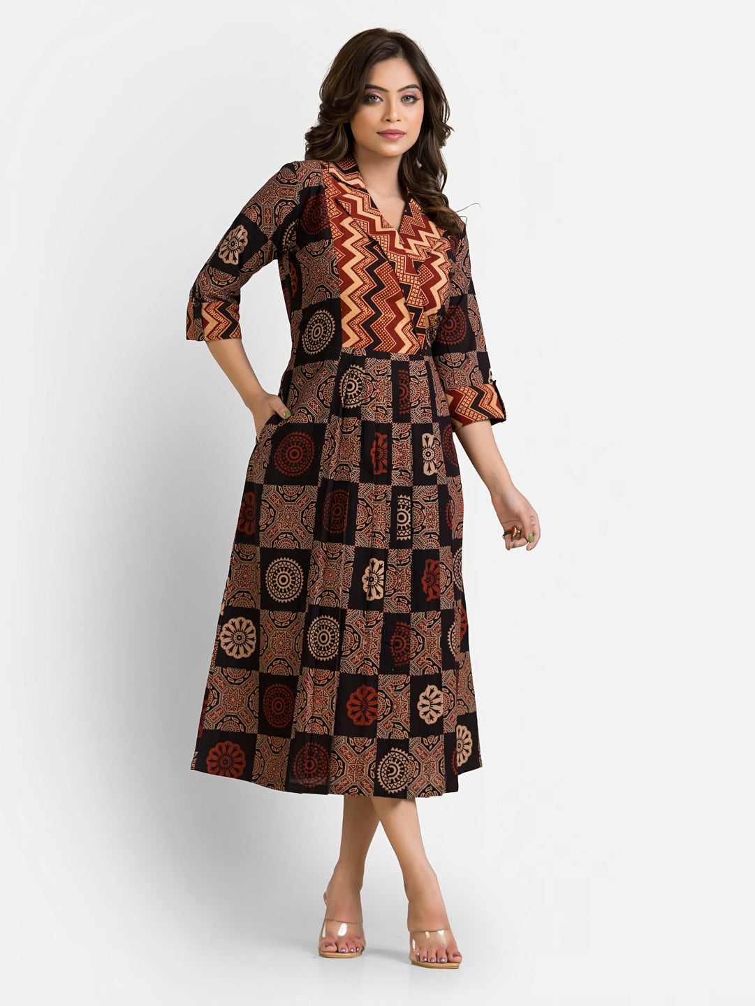 Women's Handblock Print Brown Coat Collar Dress