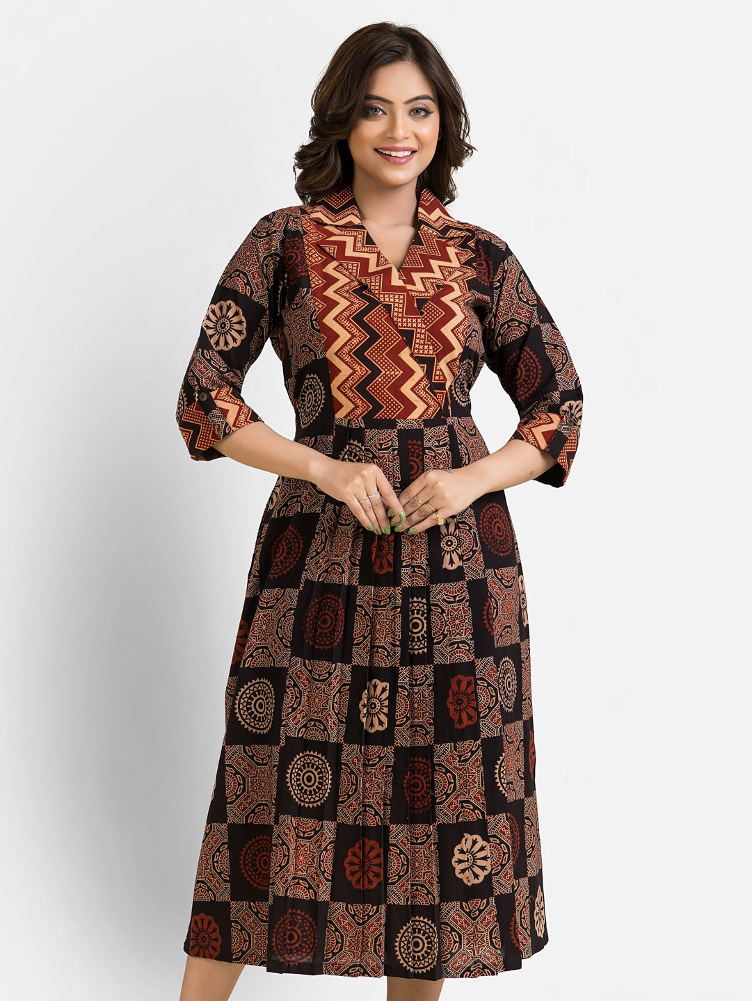 Women's Handblock Print Brown Coat Collar Dress