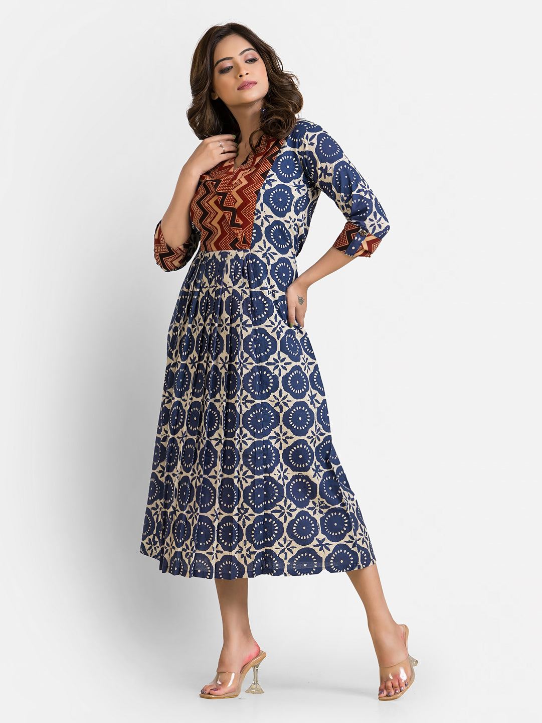 Women's Ajrakh Motif Napthol print Blue Coat Collar Dress