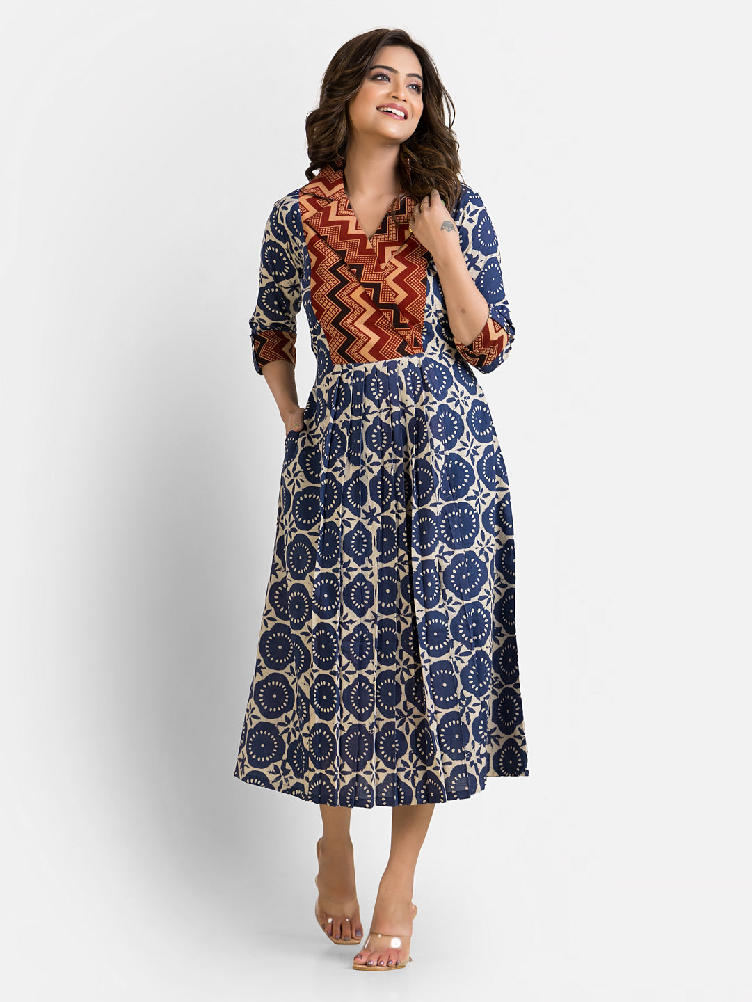 Women's Ajrakh Motif Napthol print Blue Coat Collar Dress