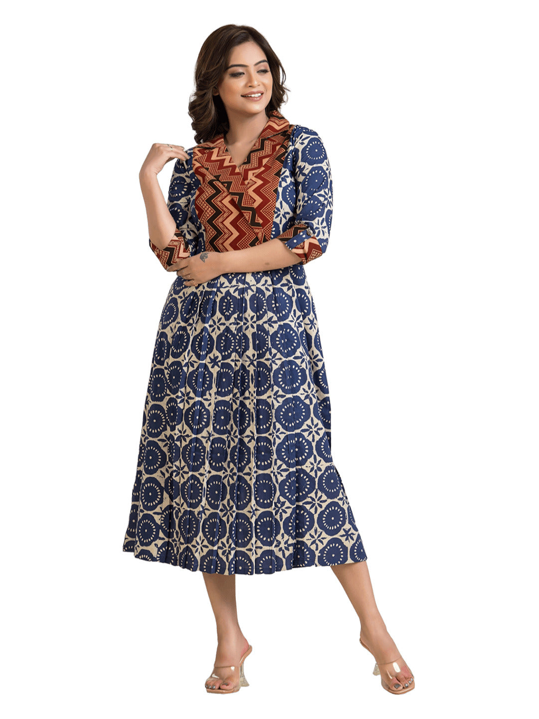 Women's Ajrakh Motif Napthol print Blue Coat Collar Dress