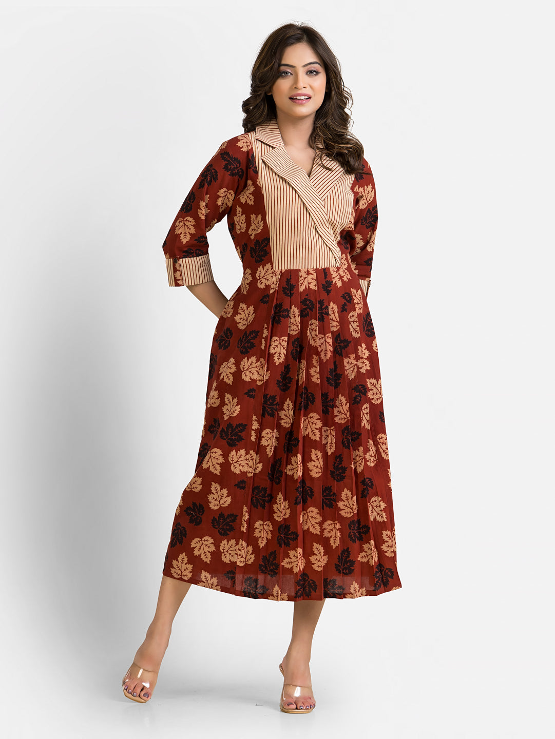 Women's Mapple Leaf Print Maroon Coat Collar Dress