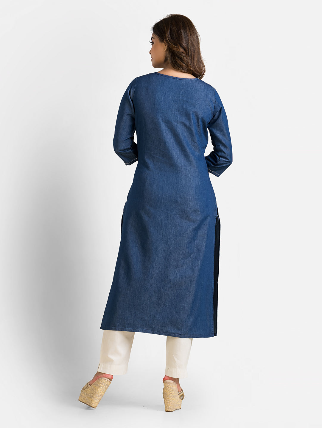 Women's 3/4 Sleeves Detachable Patchwork Denim Blue Kurta