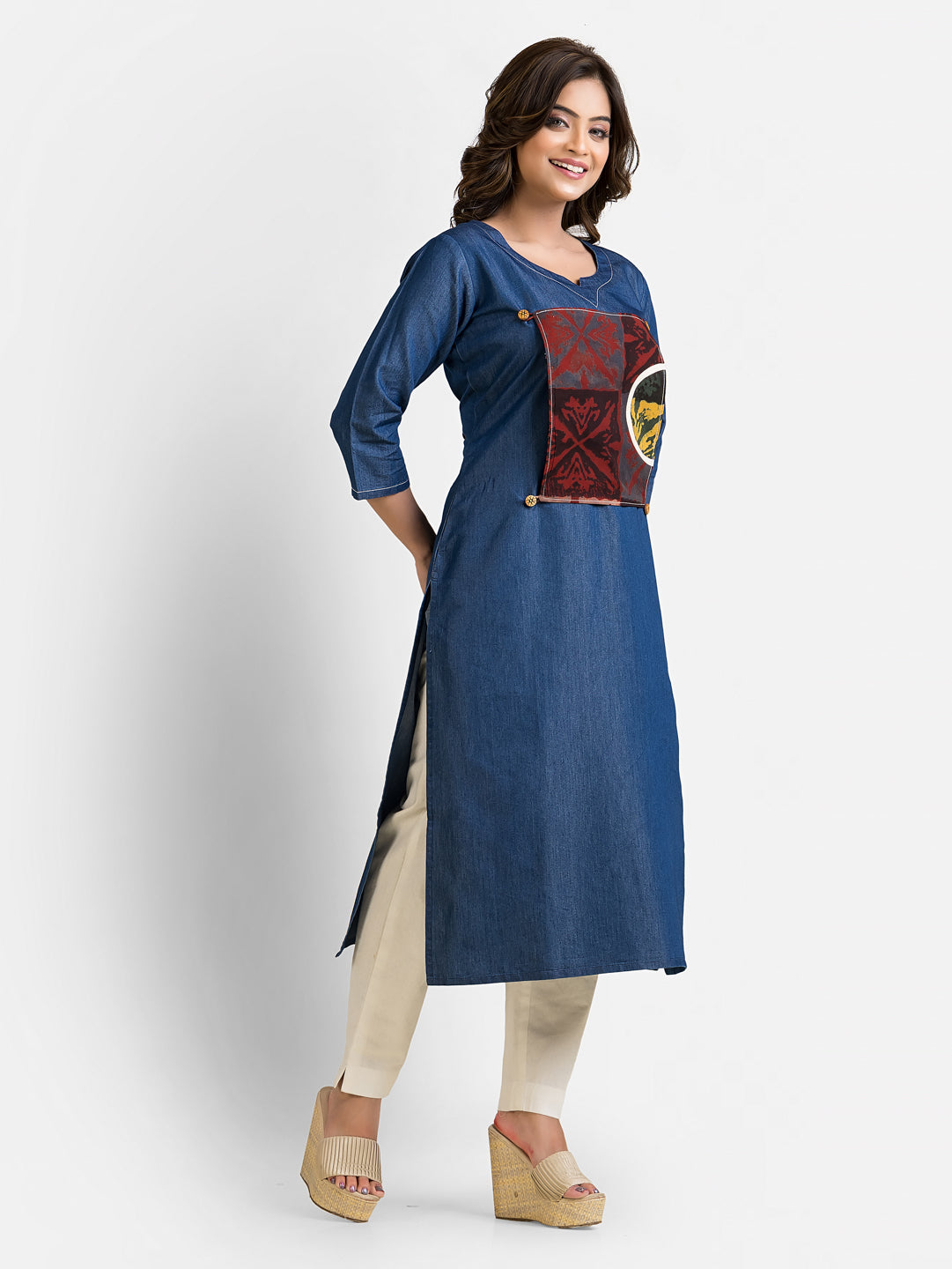 Women's Detachable Patchwork Print Denim Blue Kurta