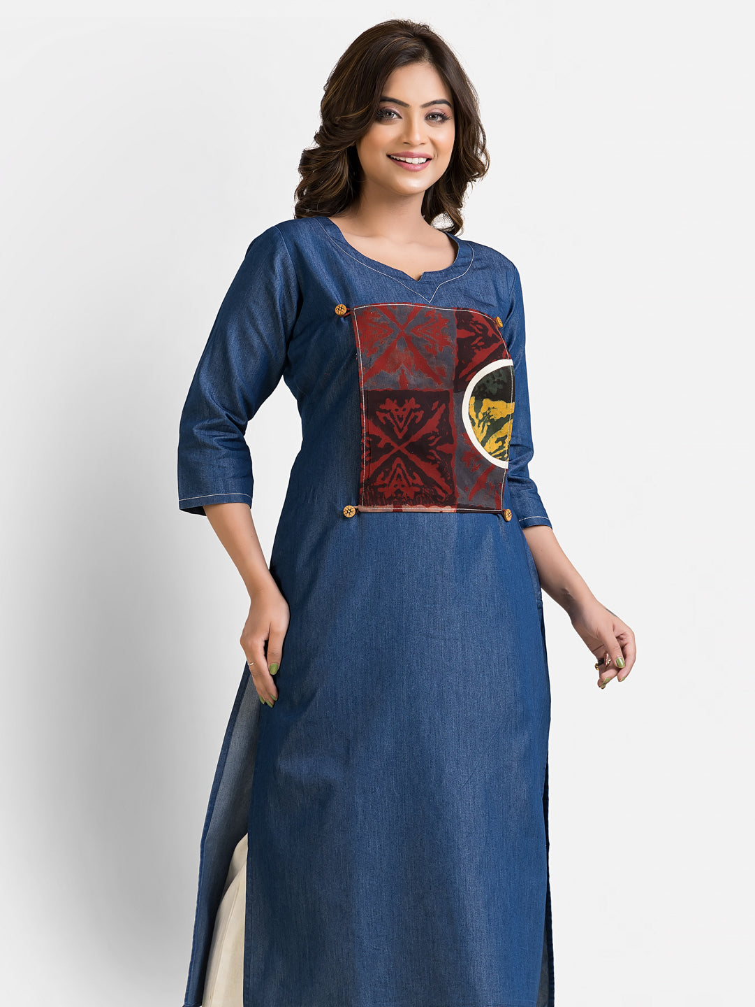 Women's Detachable Patchwork Print Denim Blue Kurta