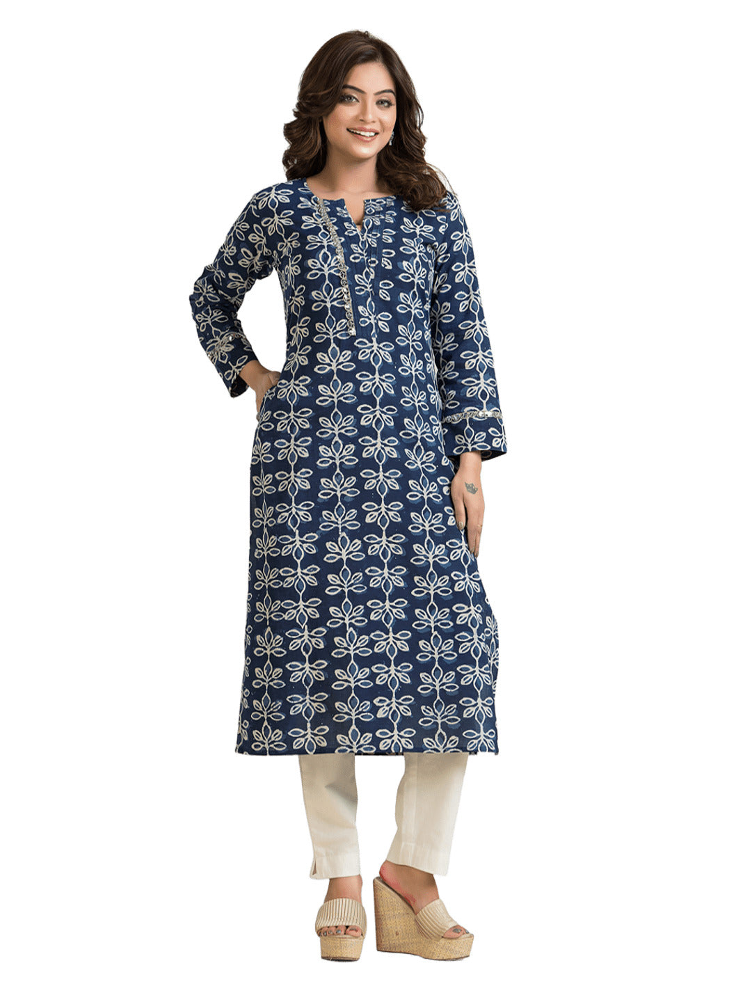 Women's Cotton Indigo Dabu Mirror Kurti