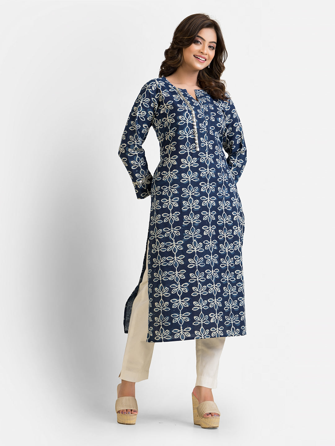 Women's Cotton Indigo Dabu Mirror Kurti