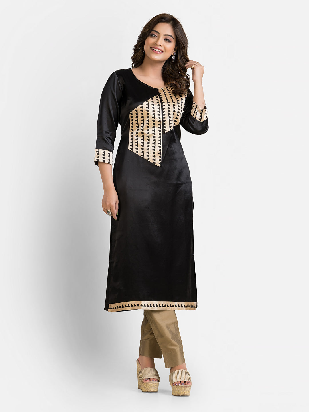 Women's Black Patchwork Mashru Kurti