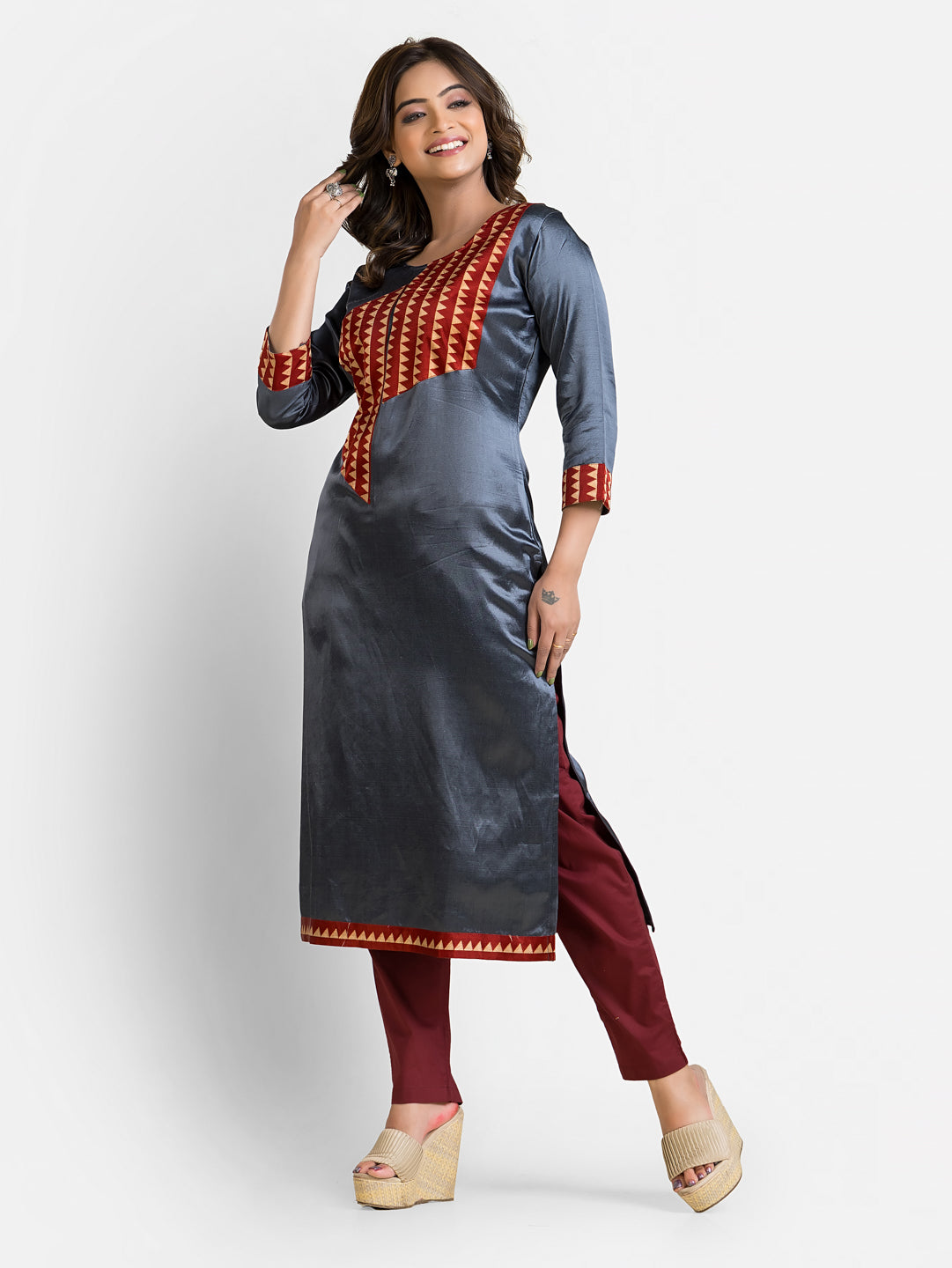 Women's Steel Grey Patchwork Mashru Kurti