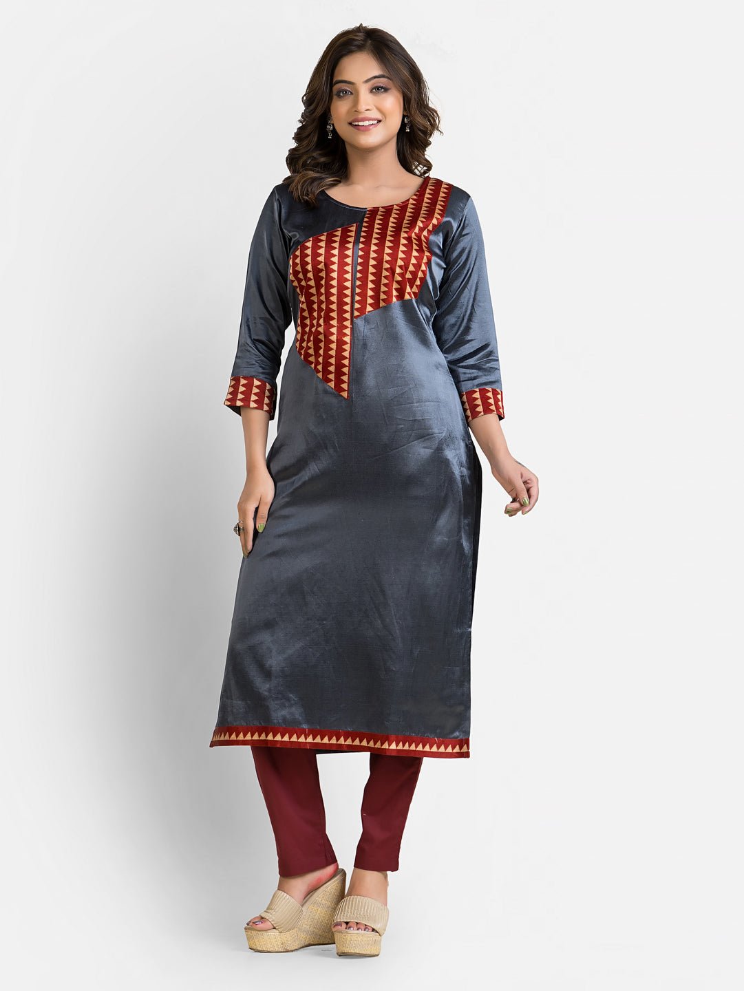 Women's Steel Grey Patchwork Mashru Kurti