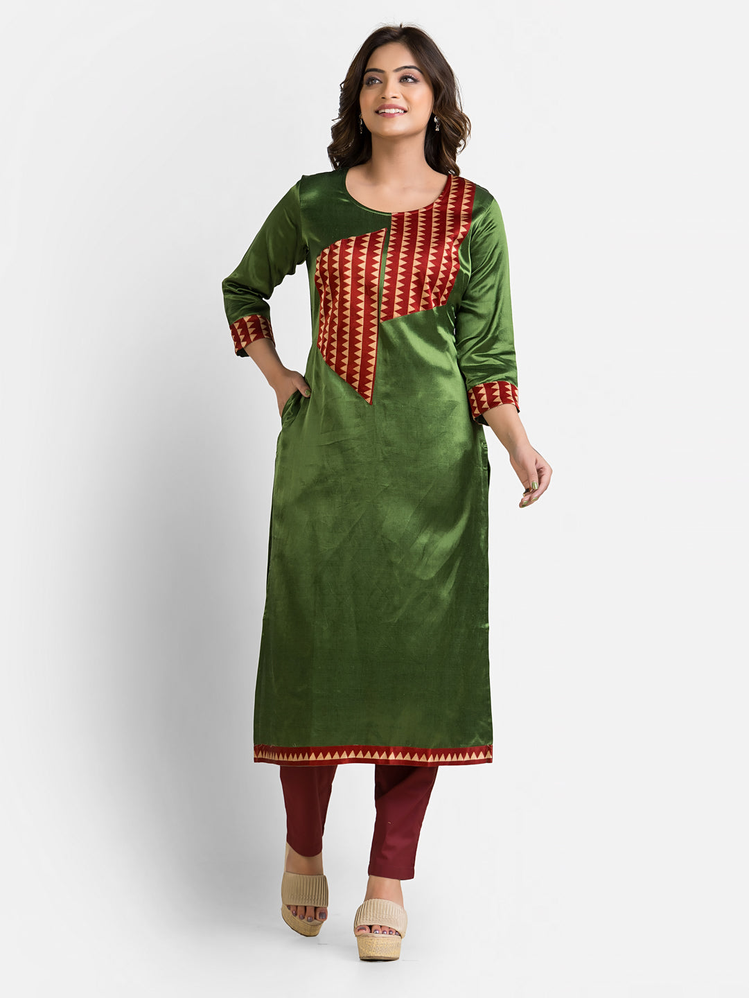 Women's Green Patchwork Mashru Kurti