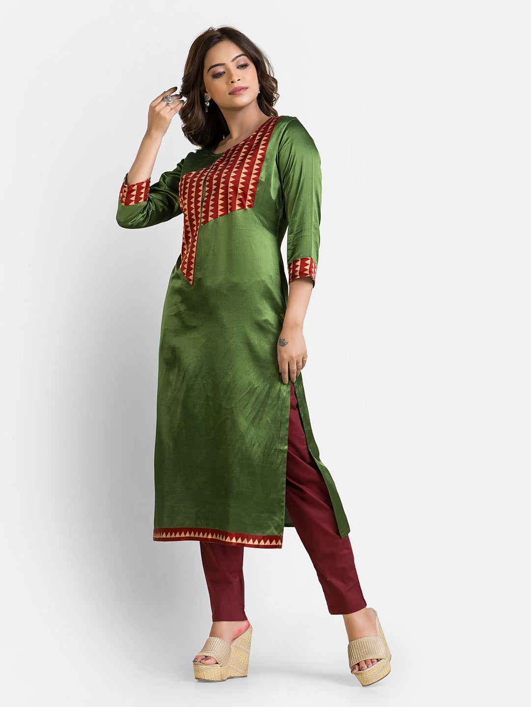 Women's Green Patchwork Mashru Kurti
