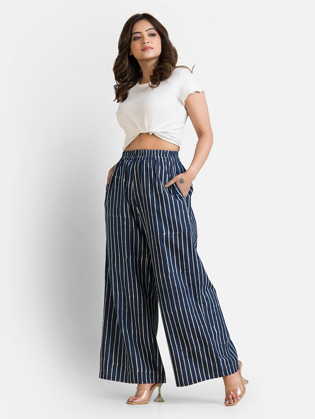 Women's Cotton Navy Ankle Length Palazzo - Crazy Needle Online