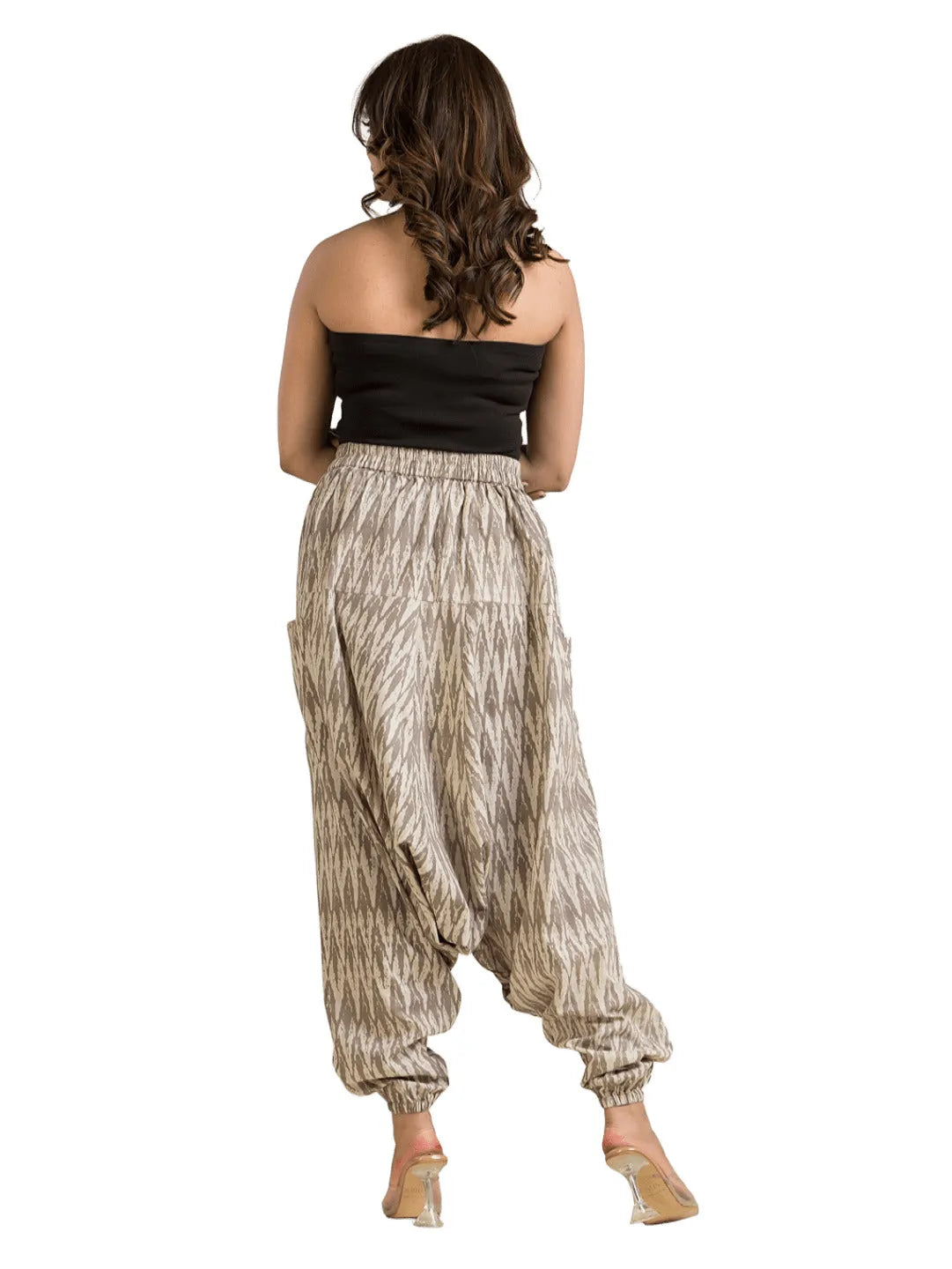 Women's grey cotton Ajrakh printed harem pant by Crazy Needle Online, featuring traditional block print and relaxed fit.