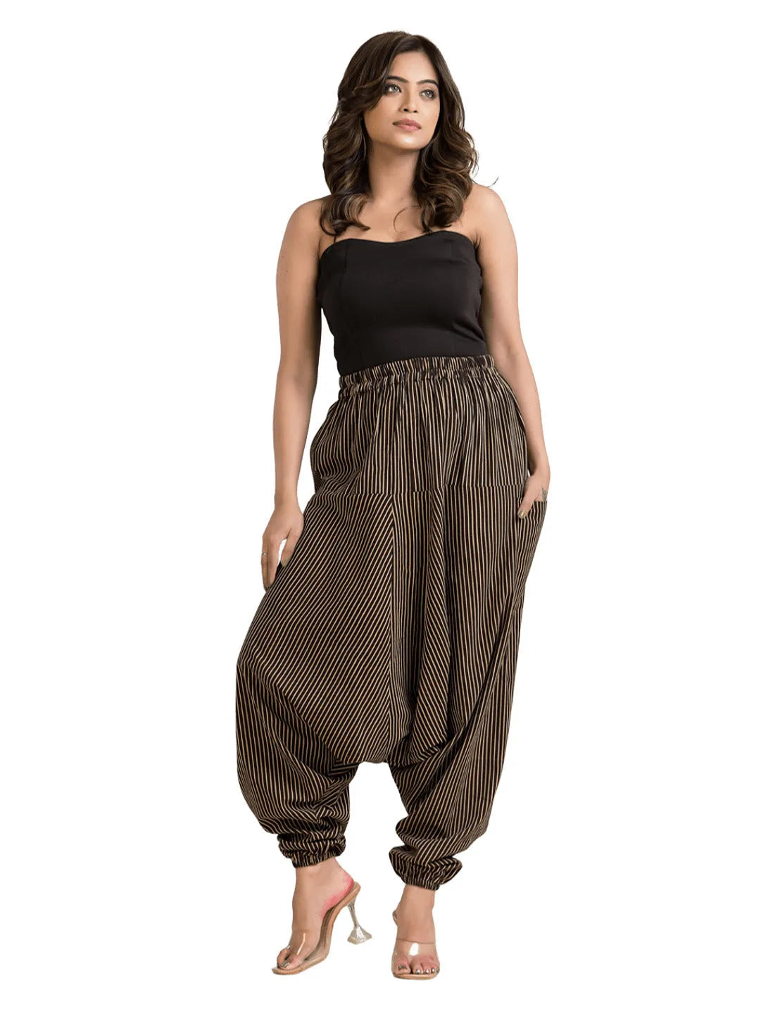 Women's Cotton Black Striped Printed Harem Pant