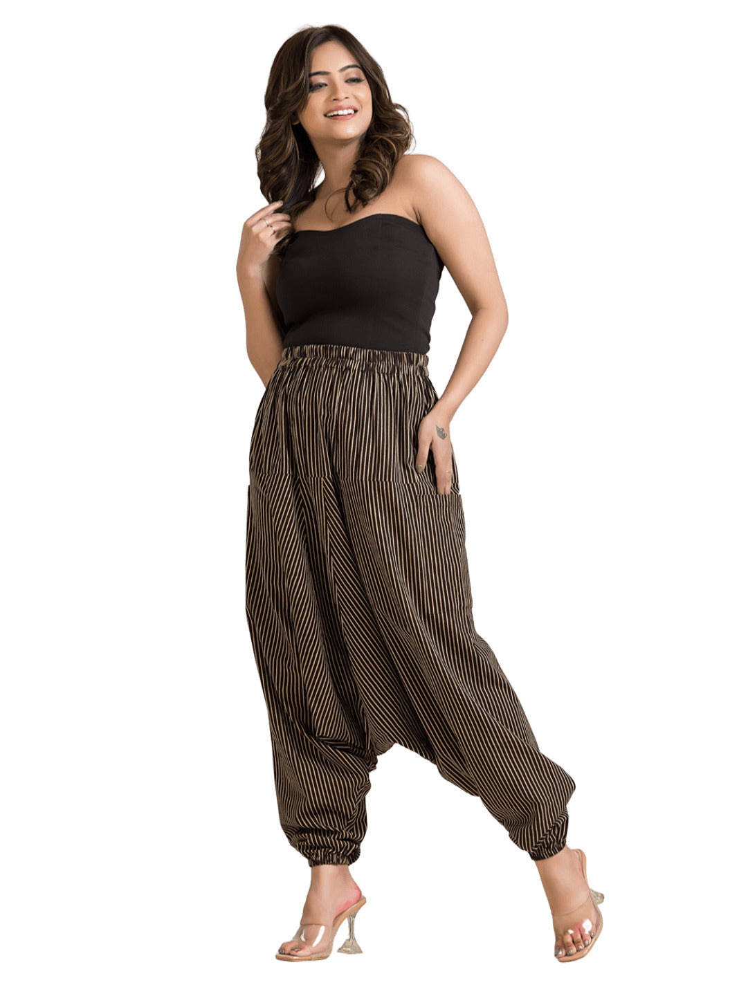 Women's Cotton Black Striped Printed Harem Pant