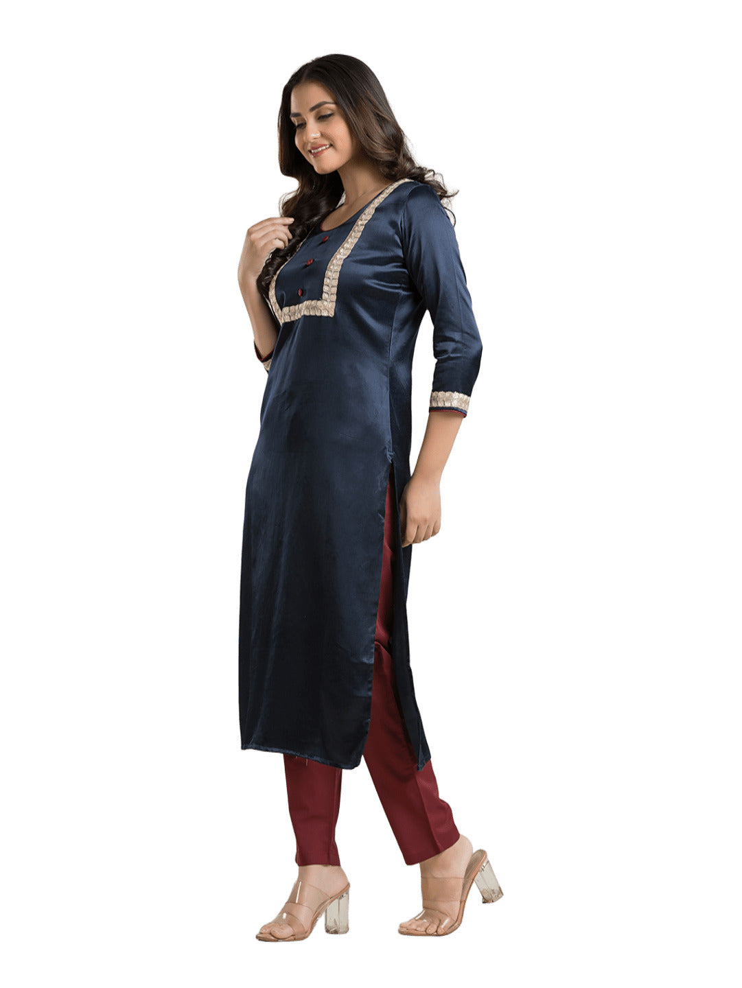Women's Round Neck Blue Mashru Kurti