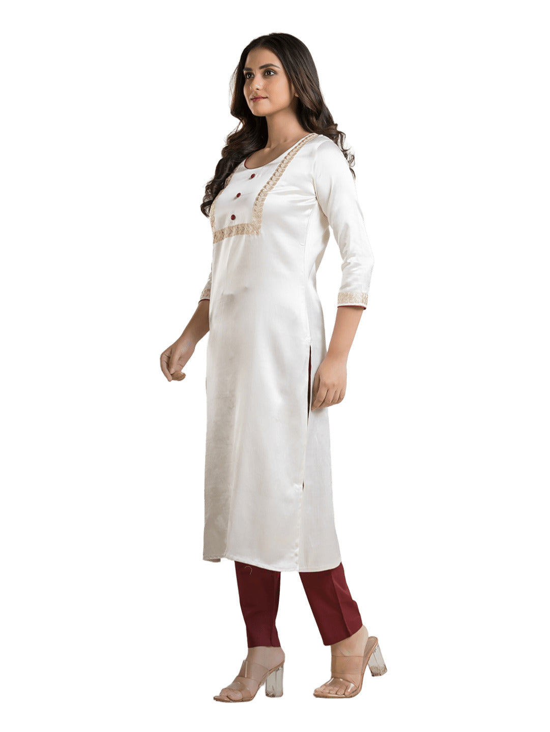 Women's Round Neck White Mashru Kurti