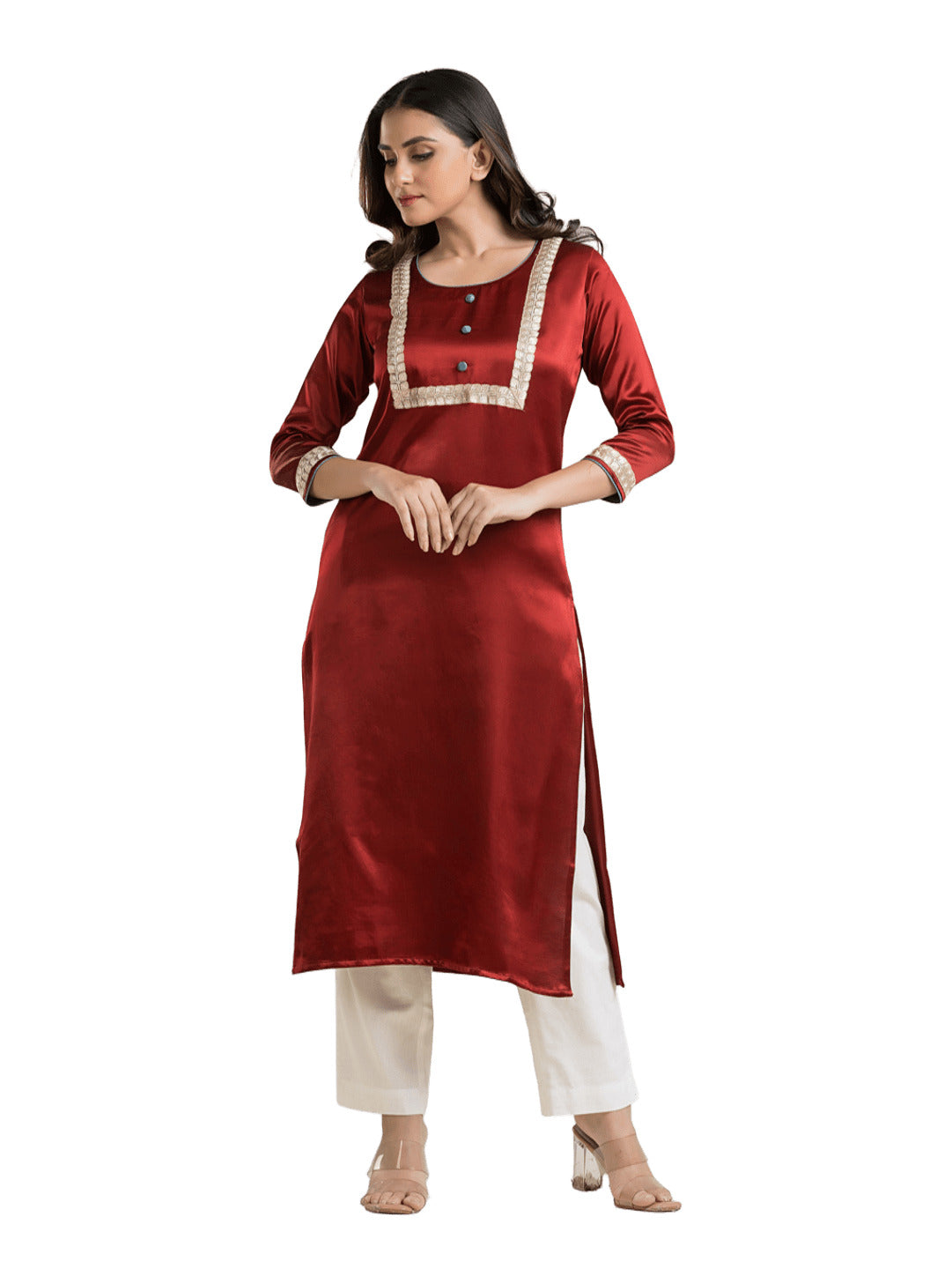 Women's Round Neck Red Mashru Kurti