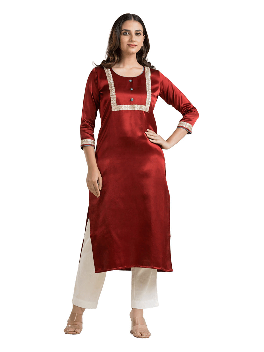 Women's Round Neck Red Mashru Kurti