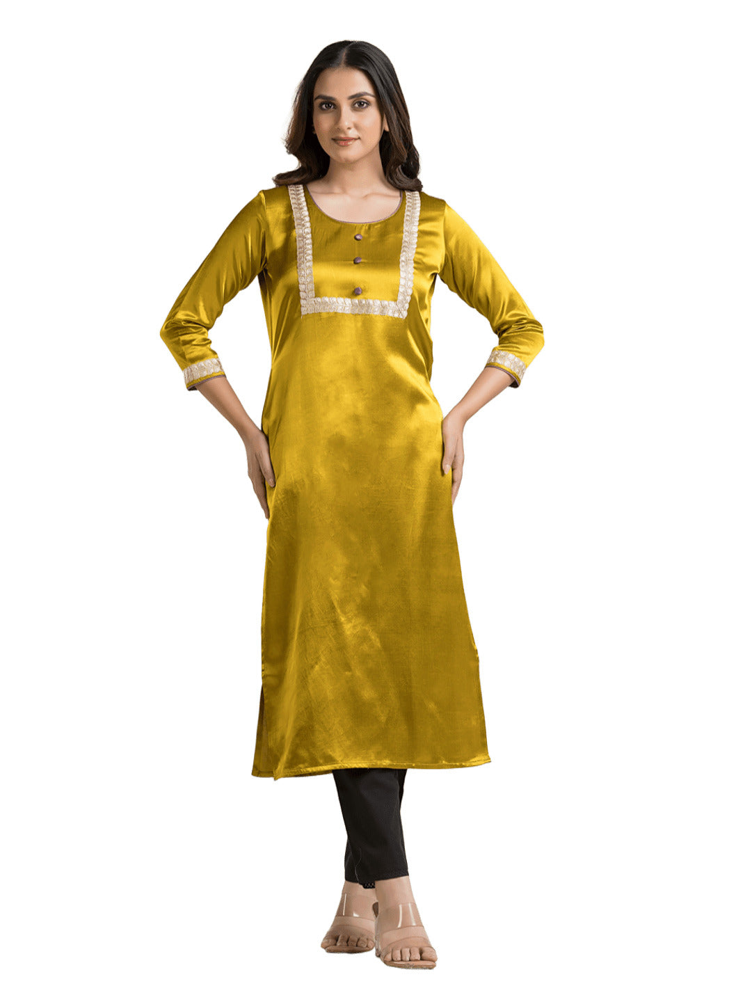 Women's Round Neck Yellow Mashru Kurti