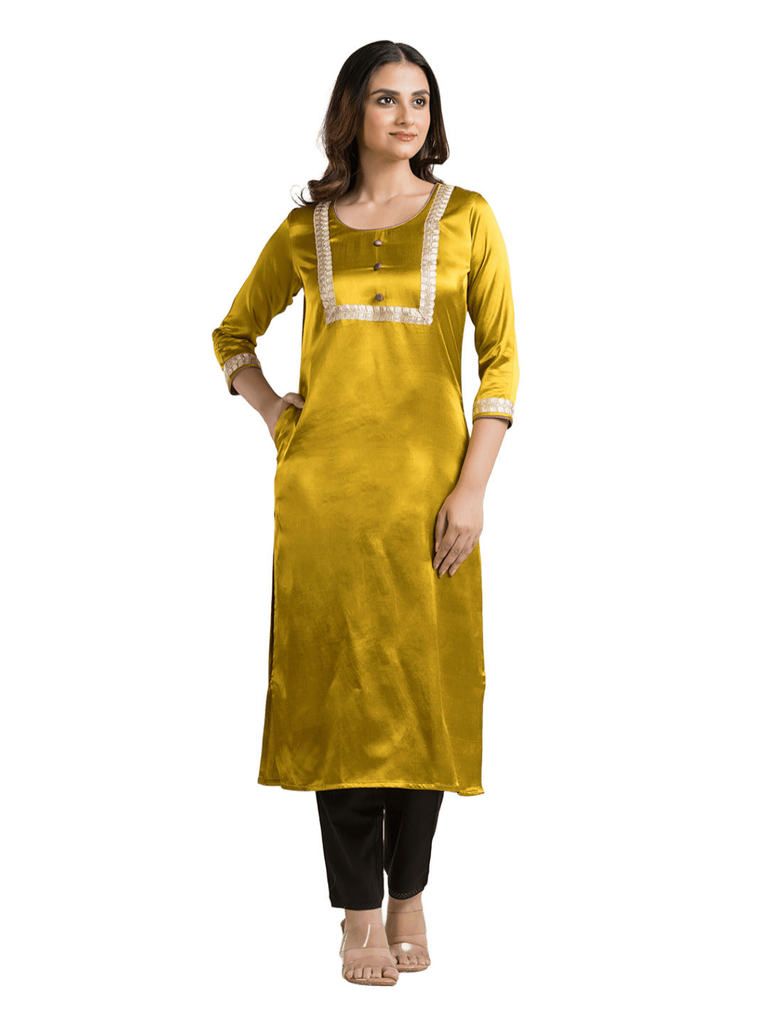 Women's Round Neck Yellow Mashru Kurti