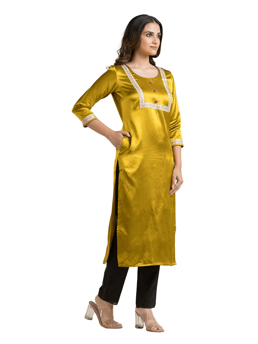 Women's Round Neck Yellow Mashru Kurti