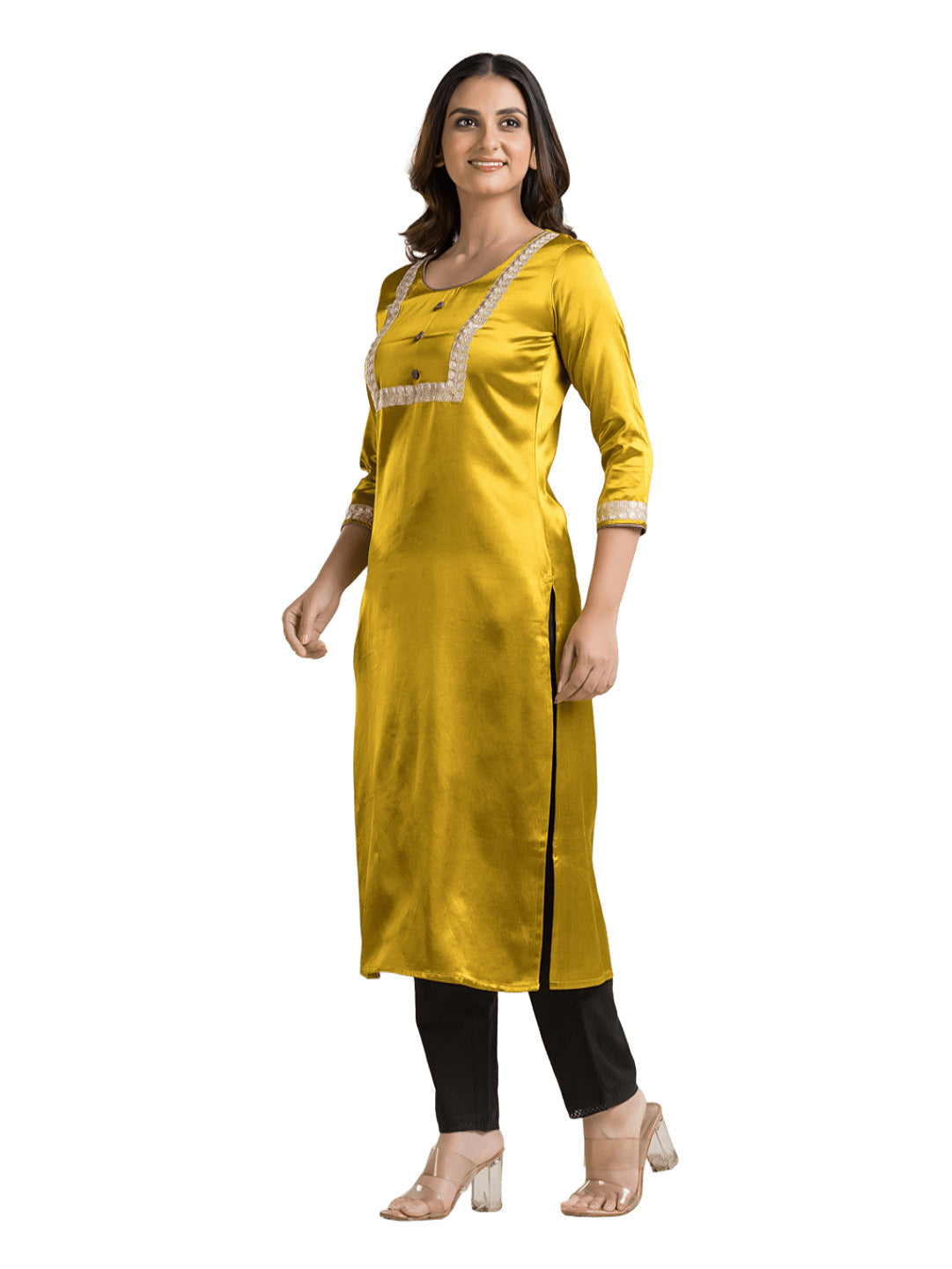 Women's Round Neck Yellow Mashru Kurti