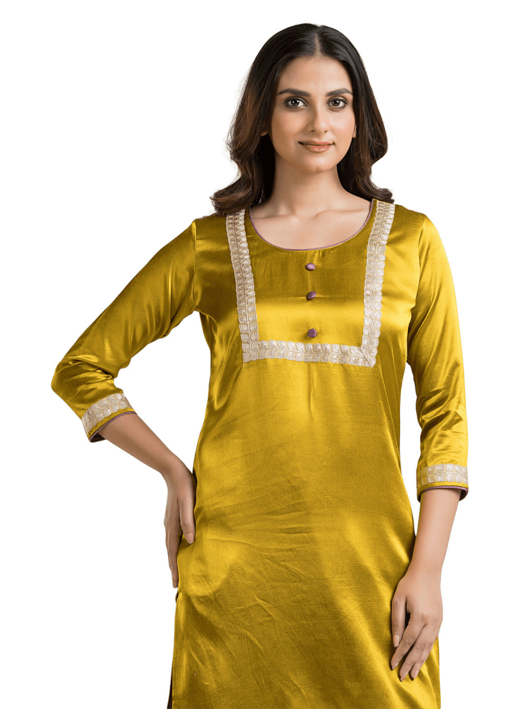 Women's Round Neck Yellow Mashru Kurti