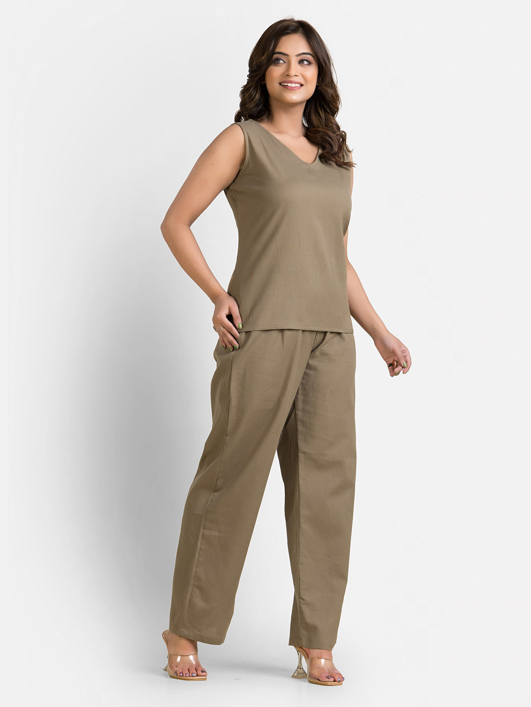 Women's Cotton Beige Top With Pant Co ord Set