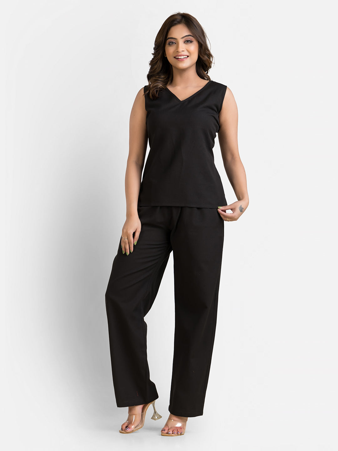Women's Cotton Black Top With Pant Co ord Set