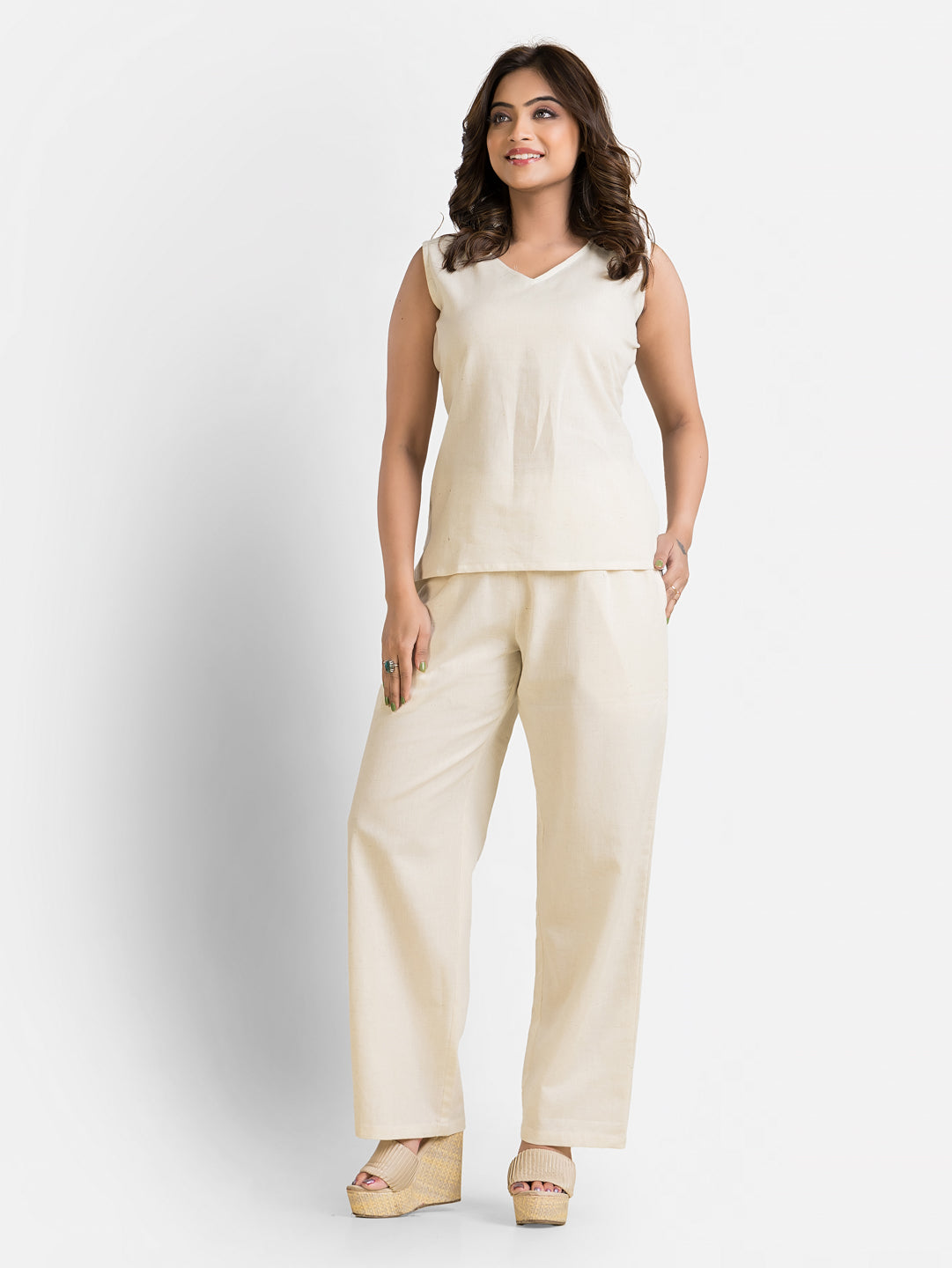 Women's Cotton White Top With Pant Co ord Set