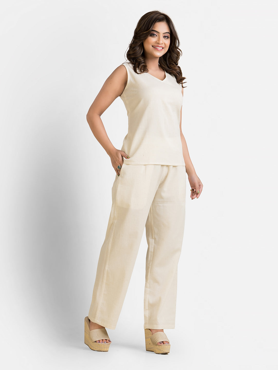 Women's Cotton White Top With Pant Co ord Set