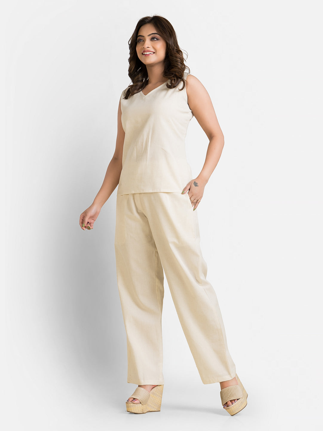 Women's Cotton White Top With Pant Co ord Set