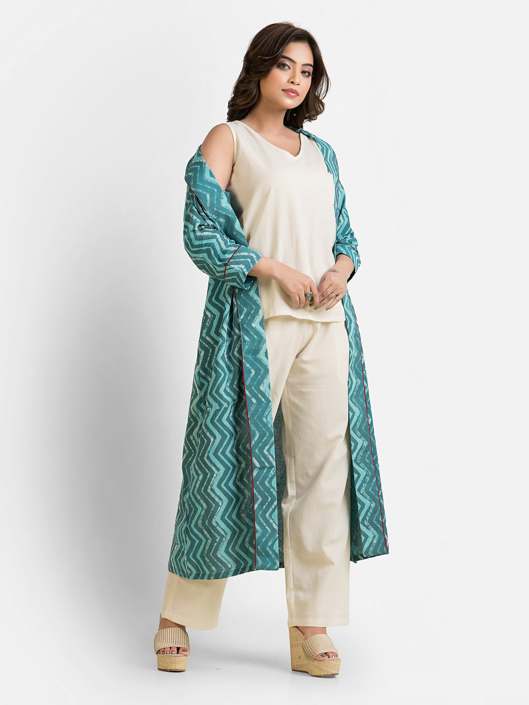 Women's Cotton White Co-Ord With Green Shrug