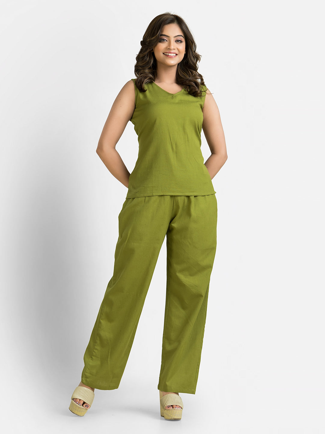 Women's Cotton Green Co-Ord With Beige Shrug