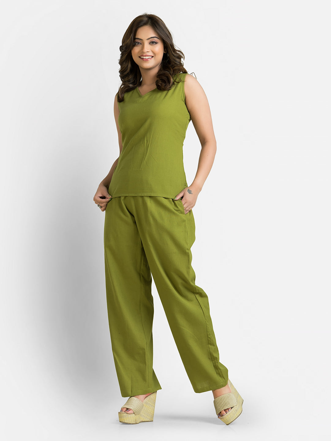 Women's Cotton Green Top With Pant Co ord Set
