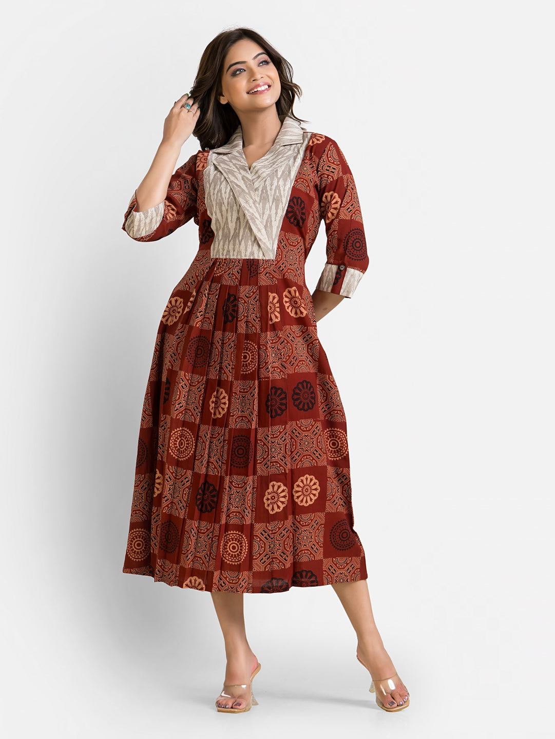 Women's Handblock Geometric Print Coat Collar Dress