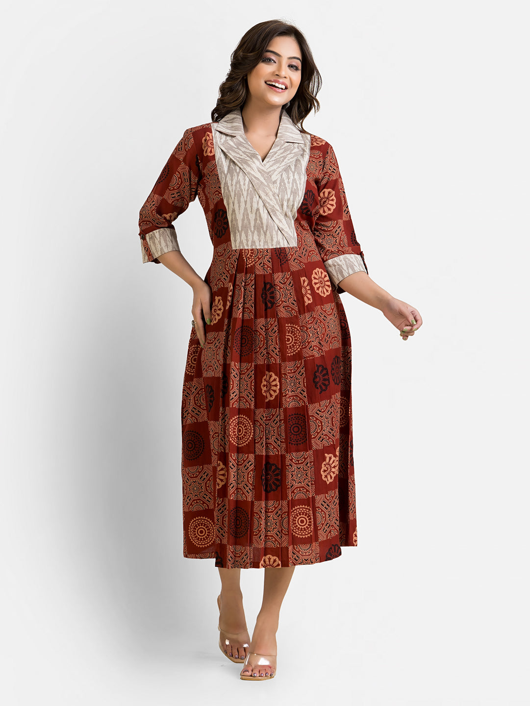 Women's Handblock Geometric Print Coat Collar Dress