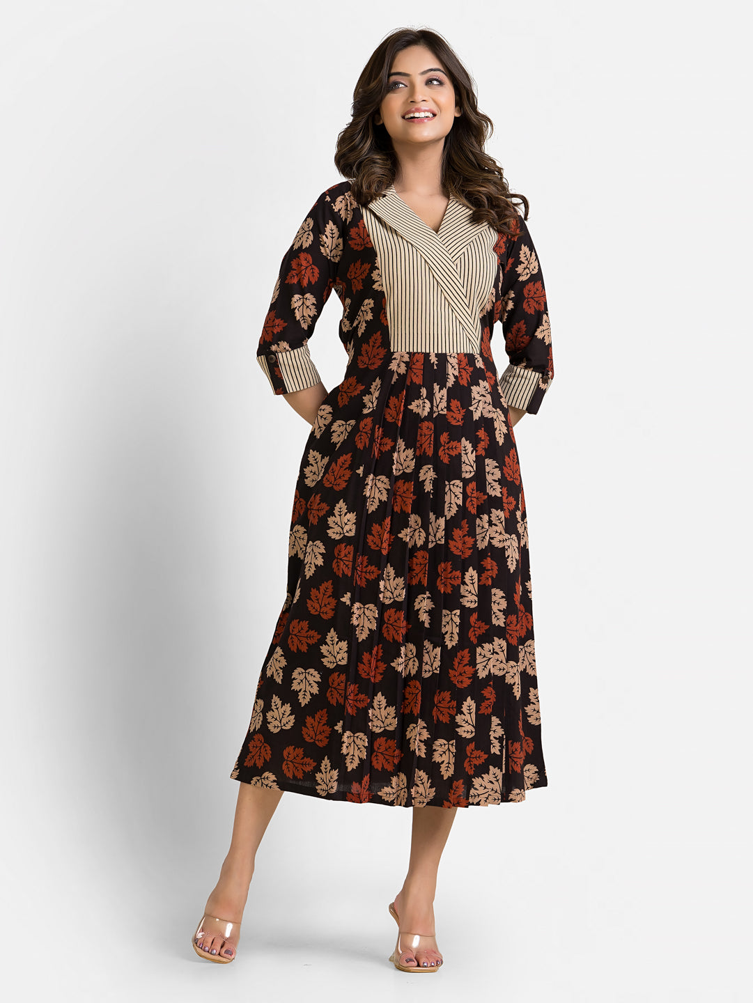 Women's Mapple Leaf Print Coat Collar Dress