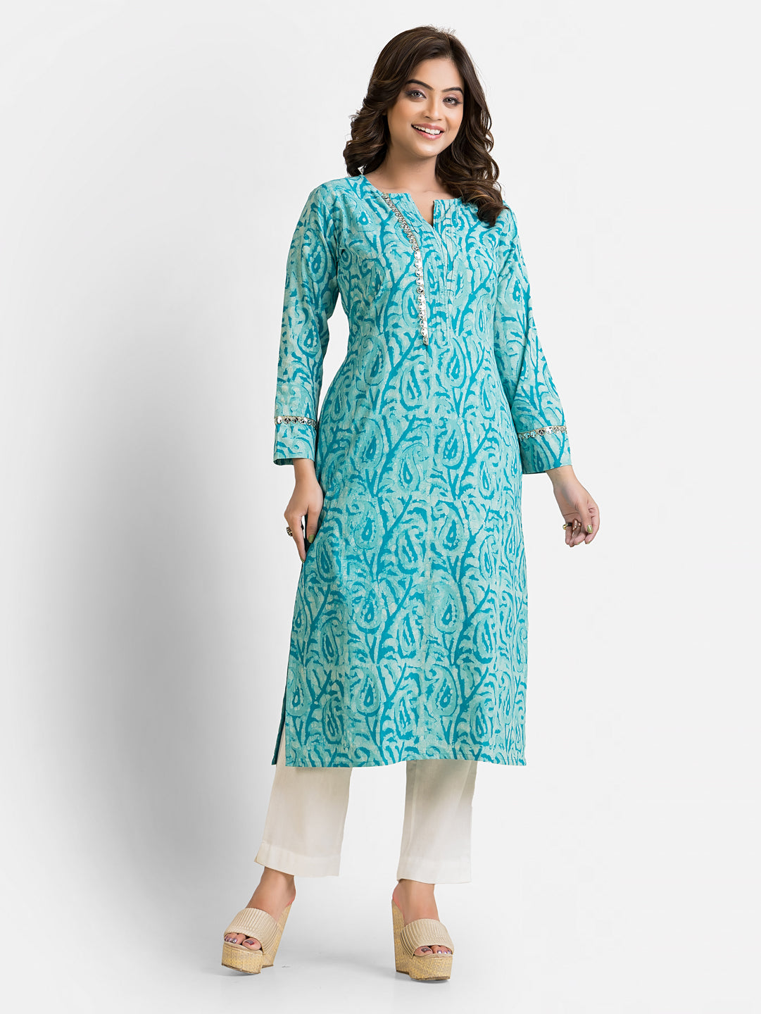 Women's Cotton Sea Green Dabu Mirror Kurti