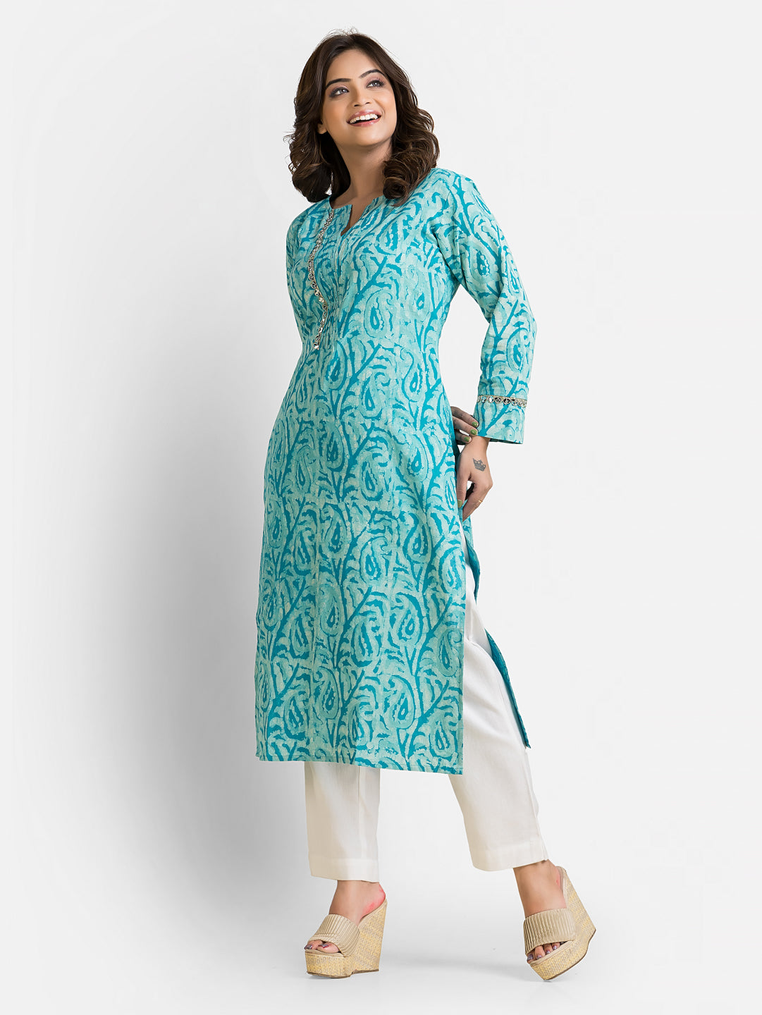 Women's Cotton Sea Green Dabu Mirror Kurti