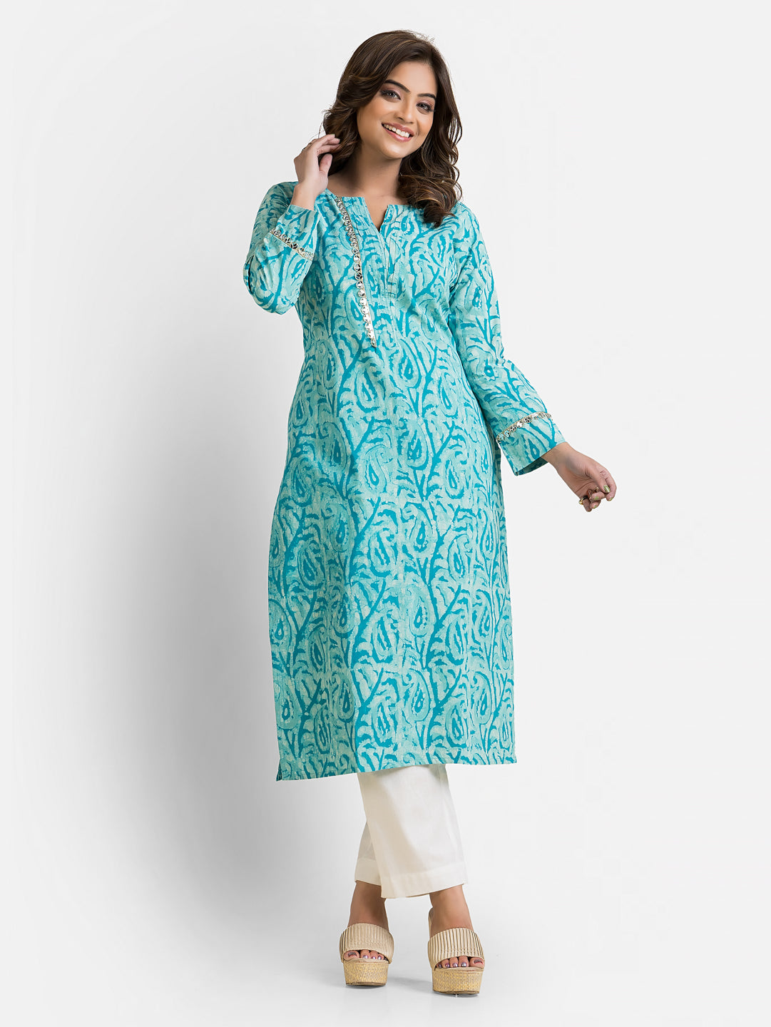 Women's Cotton Sea Green Dabu Mirror Kurti