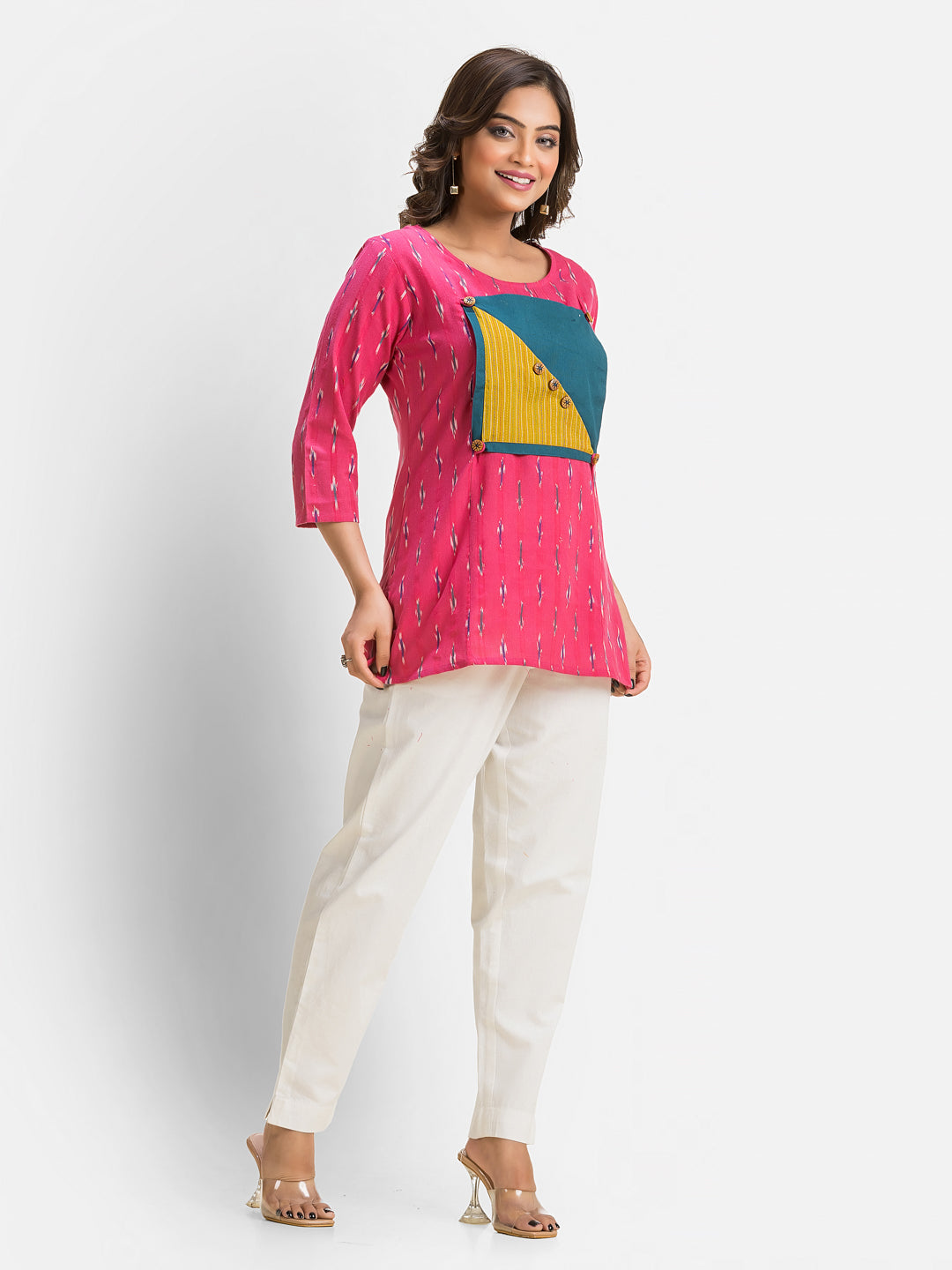 Women's pink cotton Ikkat patchwork top with a stylish design, perfect for casual and traditional wear.