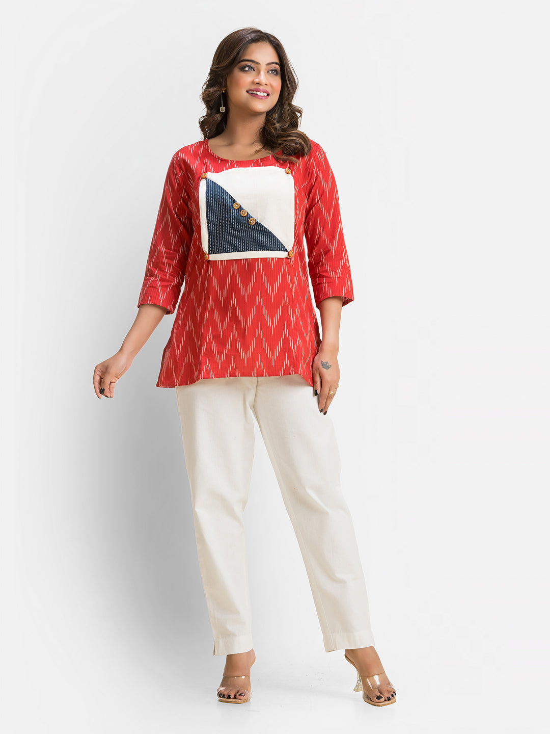Women's red cotton Ikkat patchwork top with traditional design, crafted by Crazy Needle Online.