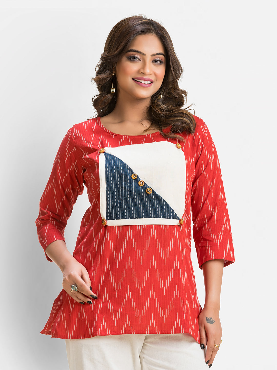 Women's cotton Ikkat patchwork red top with traditional design, casual fit, and vibrant pattern from Crazy Needle Online.