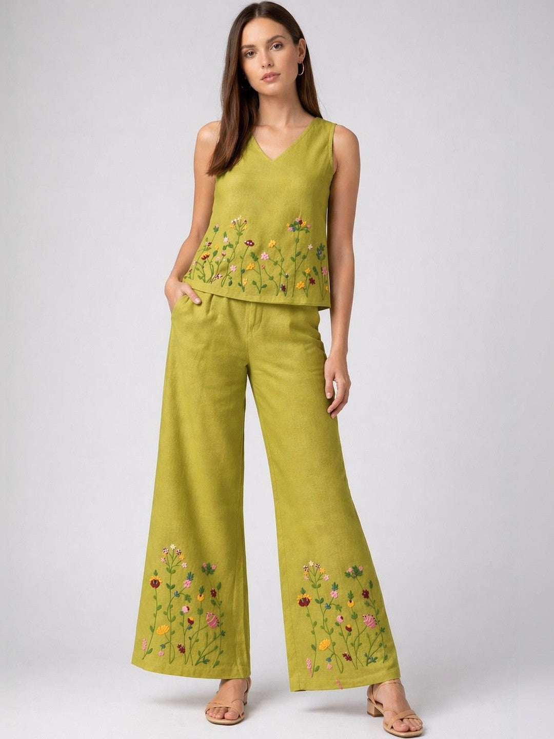 Women’s Green Embroidered Co-Ord Set Sleeveless Top With Wide Leg Pants
