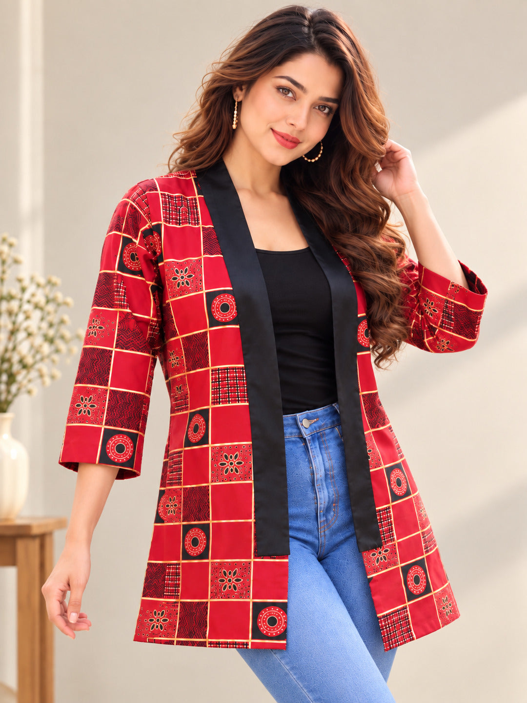Women’s red geometric printed longline shrug from Crazy Needle Online, featuring a stylish and comfortable open-front design.