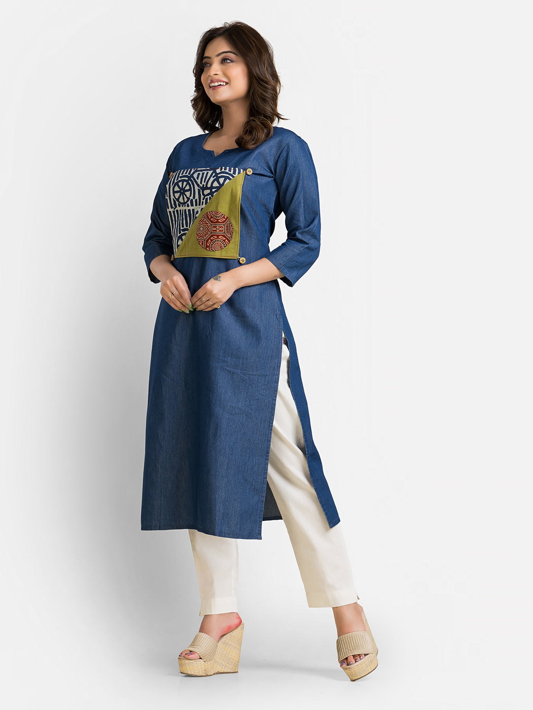 Women's 3/4 Sleeves Detachable Patchwork Denim Blue Kurta
