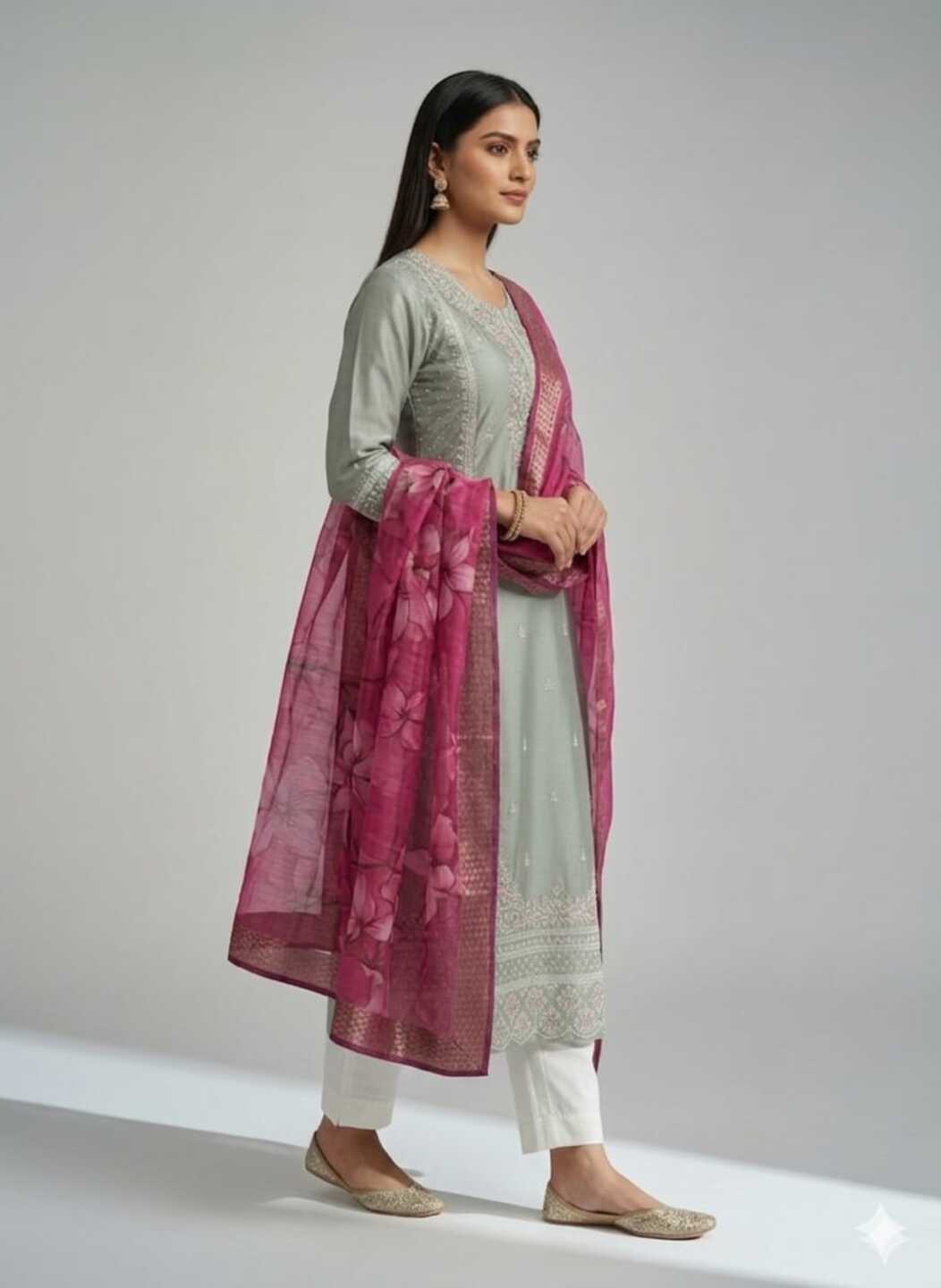 Women's green Kurti and pant set with dupatta, stylish embroidered ensemble by Crazy Needle Online, shown in three images.